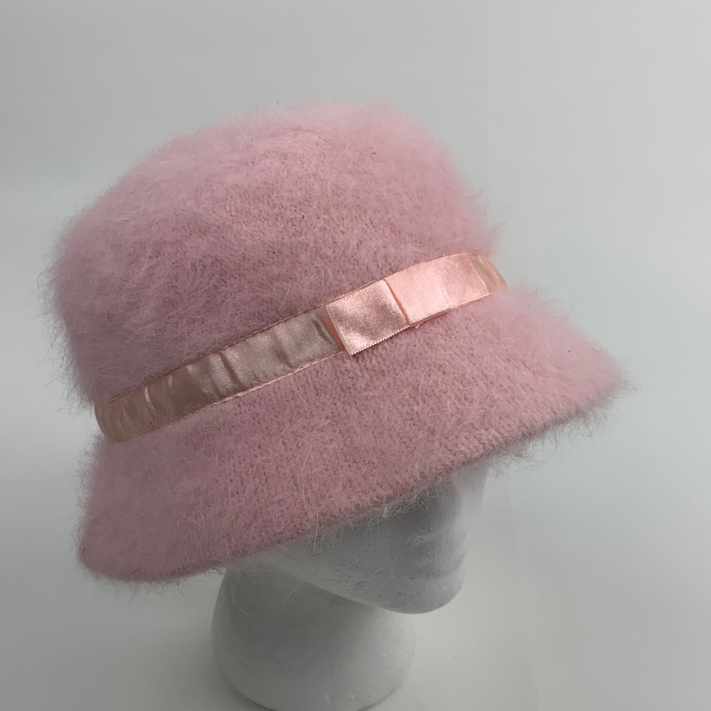 Angora light Pink Fluffy bucket Hat with pink bow ribbon